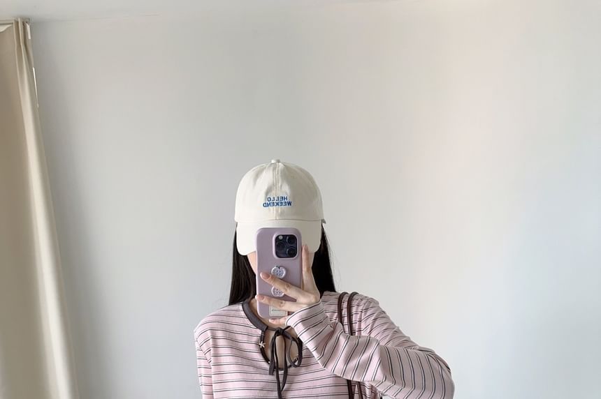 Striped Keyhole Tee with Tie Neck and Long Sleeves