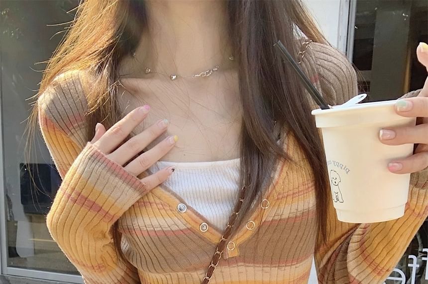 Striped Ribbed Knit Top with V-Neckline and Long Sleeves