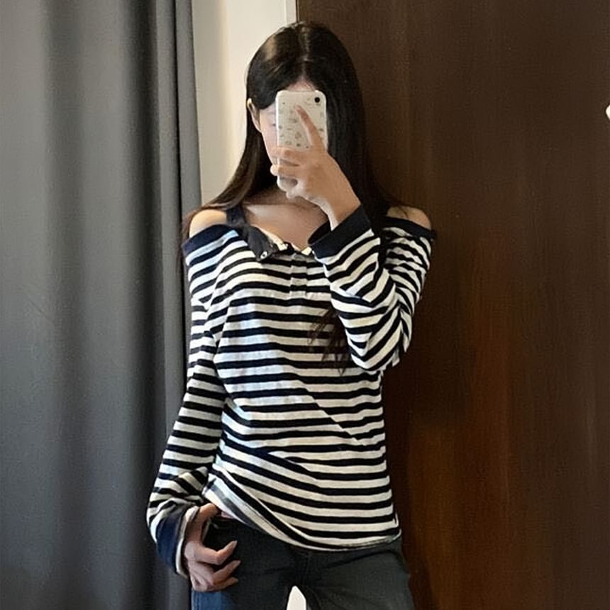 Striped Cold-Shoulder Top with Long Sleeves
