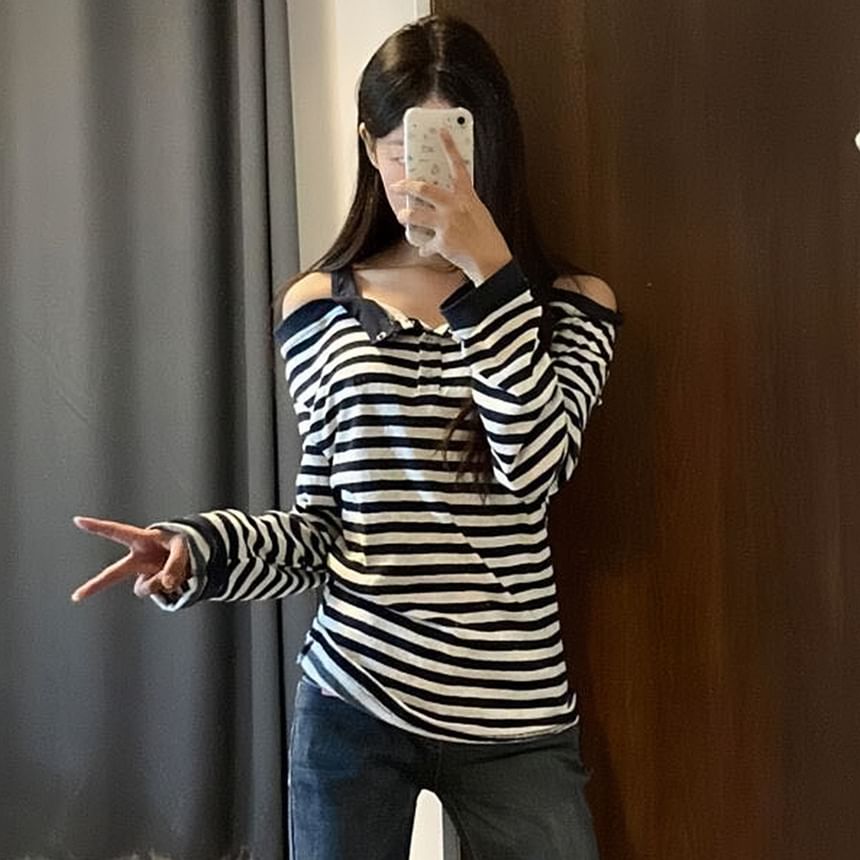Striped Cold-Shoulder Top with Long Sleeves