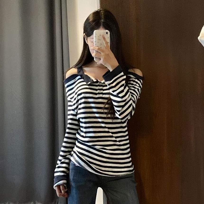 Striped Cold-Shoulder Top with Long Sleeves