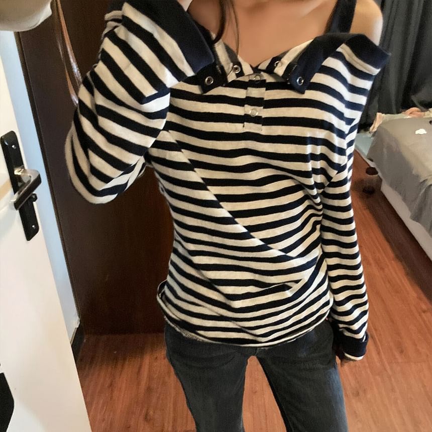 Striped Cold-Shoulder Top with Long Sleeves