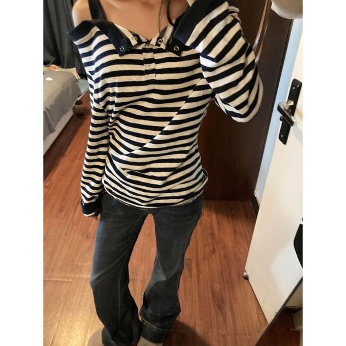 Striped Cold-Shoulder Top with Long Sleeves