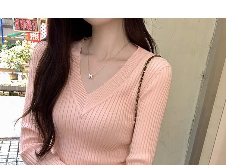 Plain Ribbed Knit V-Neck Long Sleeve Top