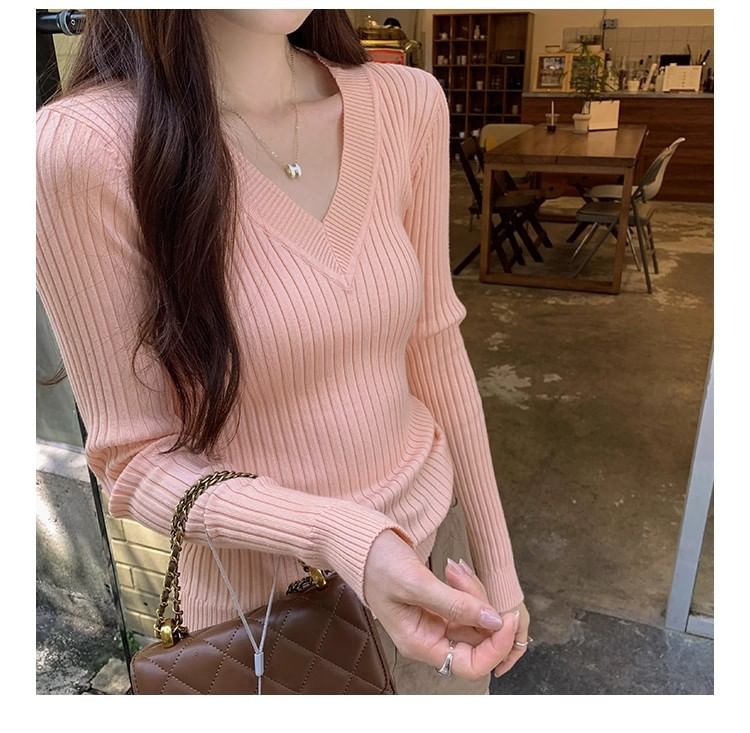 Plain Ribbed Knit V-Neck Long Sleeve Top