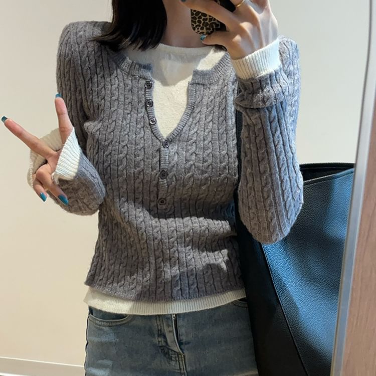 Cable-Knit Sweater with Round Neck Mock Two-Piece and Button Details