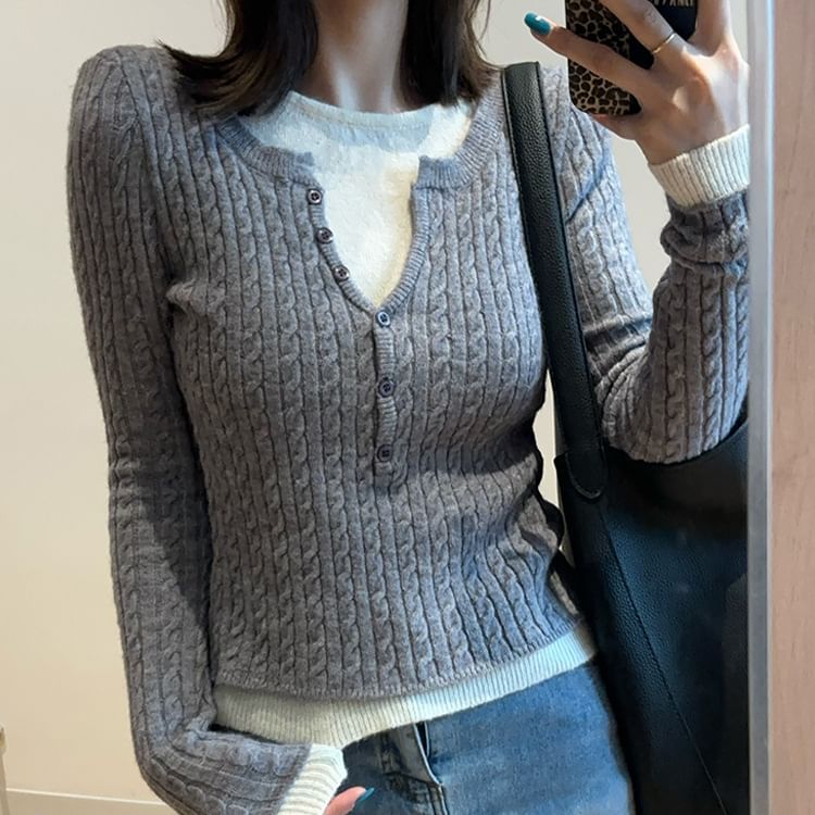 Cable-Knit Sweater with Round Neck Mock Two-Piece and Button Details