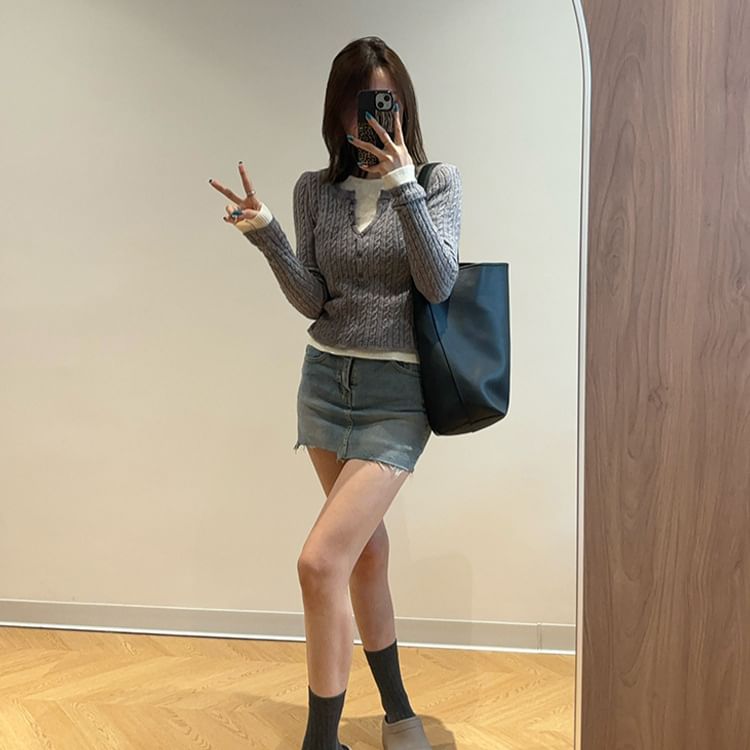 Cable-Knit Sweater with Round Neck Mock Two-Piece and Button Details