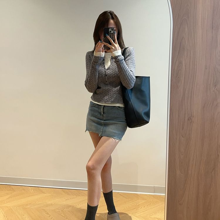 Cable-Knit Sweater with Round Neck Mock Two-Piece and Button Details