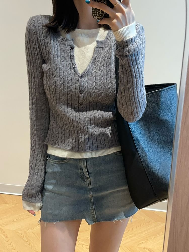 Cable-Knit Sweater with Round Neck Mock Two-Piece and Button Details