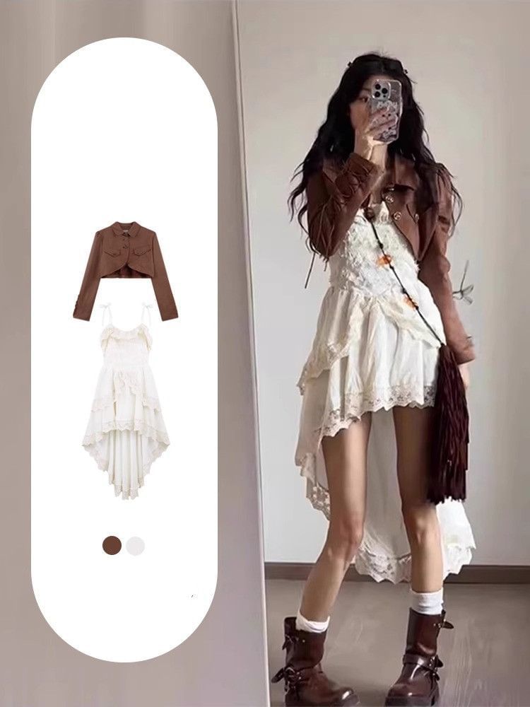 Collared Button-Up Plain Crop Jacket / Spaghetti Strap Lace Panel Layered High Low A-Line Dress / Set