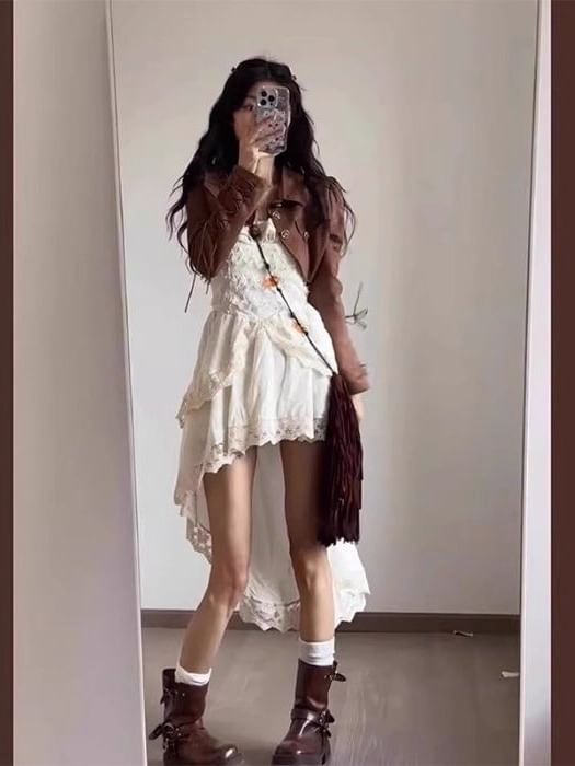 Collared Button-Up Plain Crop Jacket / Spaghetti Strap Lace Panel Layered High Low A-Line Dress / Set