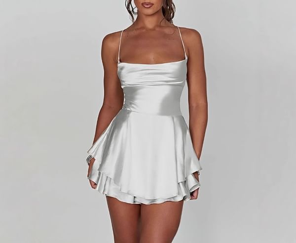 Spaghetti Strap Cowl Neck Layered Open Back Satin Mini A-Line Dress