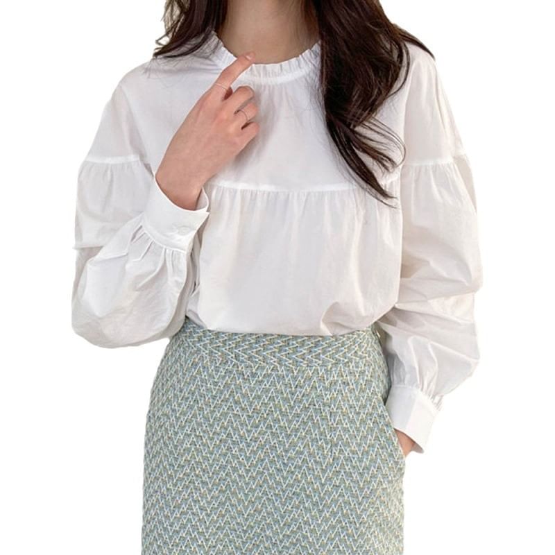 Button-Up Plain Blouse with Round Neck and Frill Trim Long Sleeves