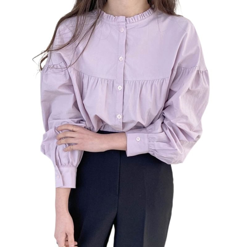 Button-Up Plain Blouse with Round Neck and Frill Trim Long Sleeves