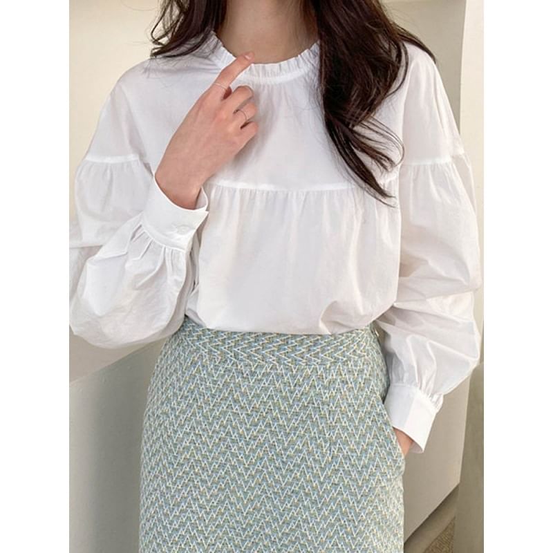 Button-Up Plain Blouse with Round Neck and Frill Trim Long Sleeves