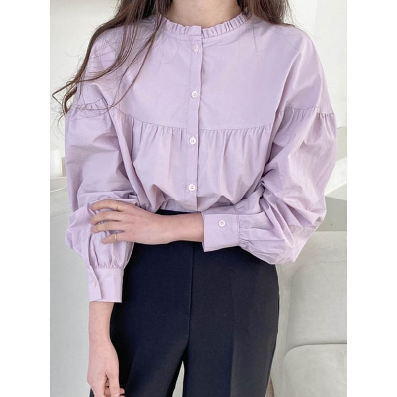 Button-Up Plain Blouse with Round Neck and Frill Trim Long Sleeves