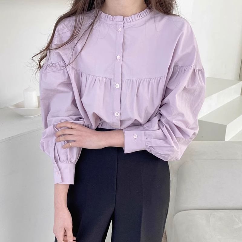 Button-Up Plain Blouse with Round Neck and Frill Trim Long Sleeves