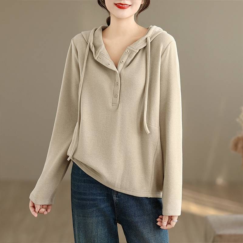 Solid Hoodie with Drawstring and Half-Buttoned Front Closure