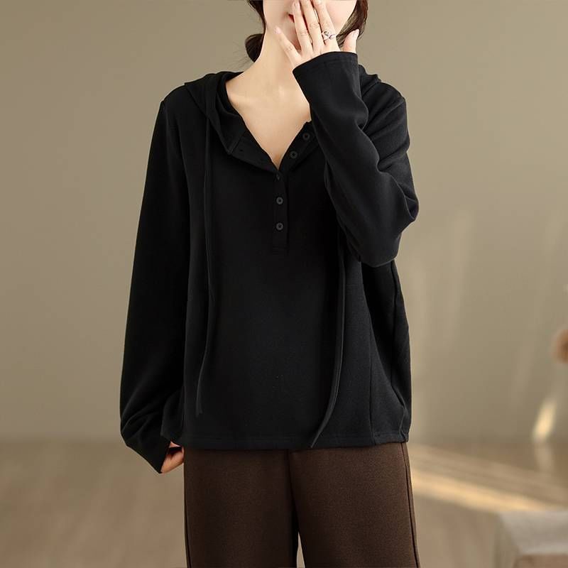 Solid Hoodie with Drawstring and Half-Buttoned Front Closure