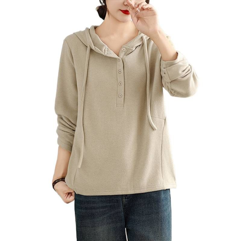 Solid Hoodie with Drawstring and Half-Buttoned Front Closure