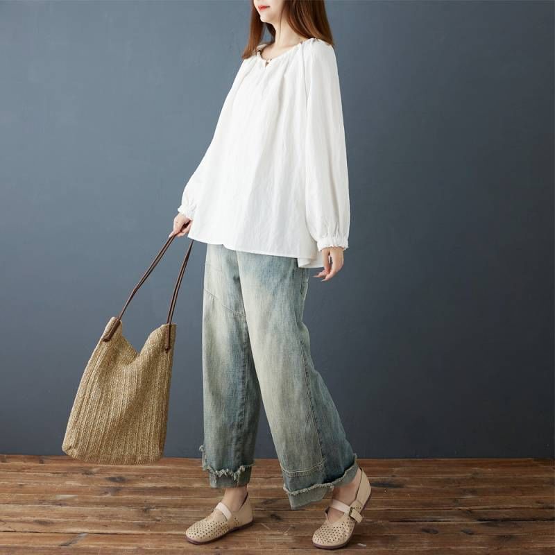 Oversized Beaded Plain Blouse with Round Neck and Long Sleeves