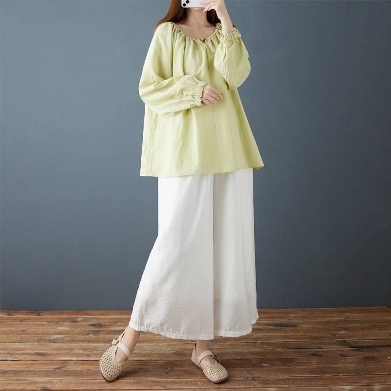 Oversized Beaded Plain Blouse with Round Neck and Long Sleeves