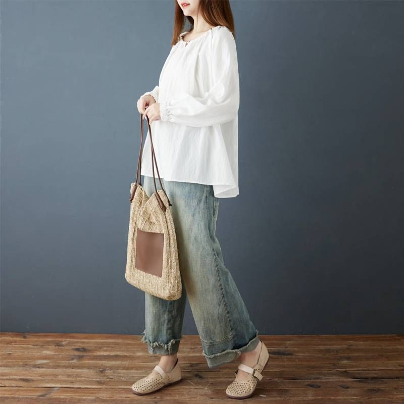 Oversized Beaded Plain Blouse with Round Neck and Long Sleeves