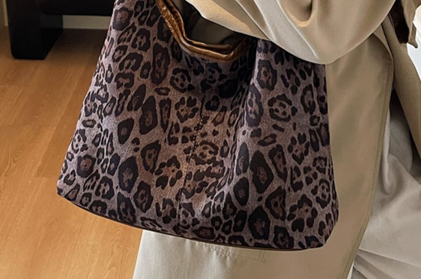 Leopard Print Faux Suede Shoulder Bag with Pouch