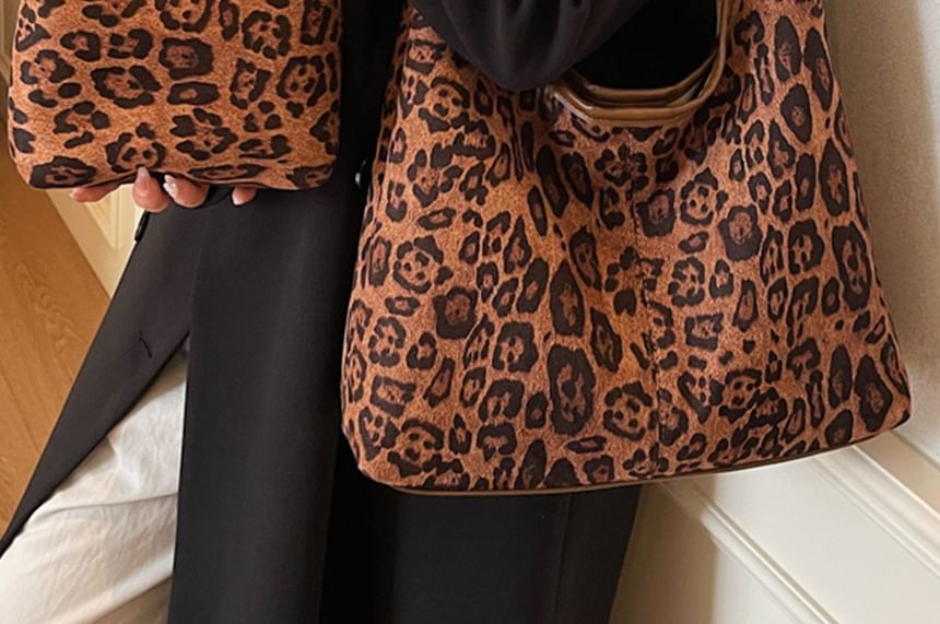 Leopard Print Faux Suede Shoulder Bag with Pouch
