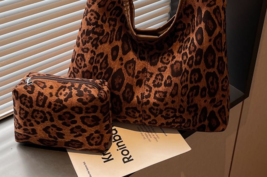 Leopard Print Faux Suede Shoulder Bag with Pouch