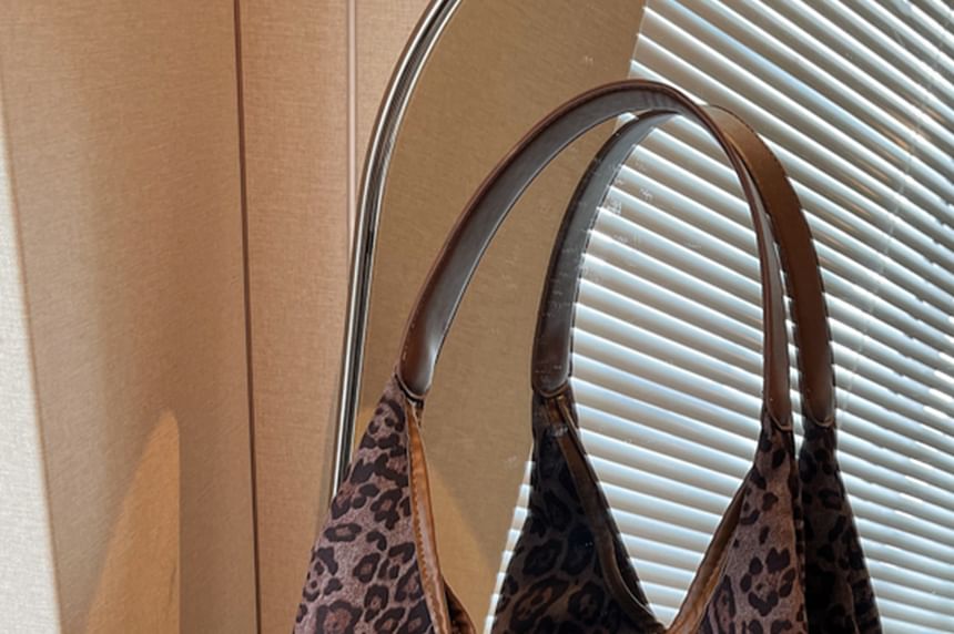 Leopard Print Faux Suede Shoulder Bag with Pouch