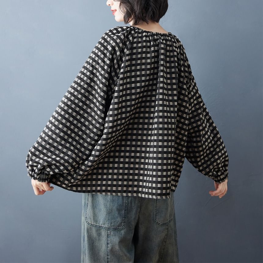 Plaid Blouse with Crew Neck and Long Sleeves