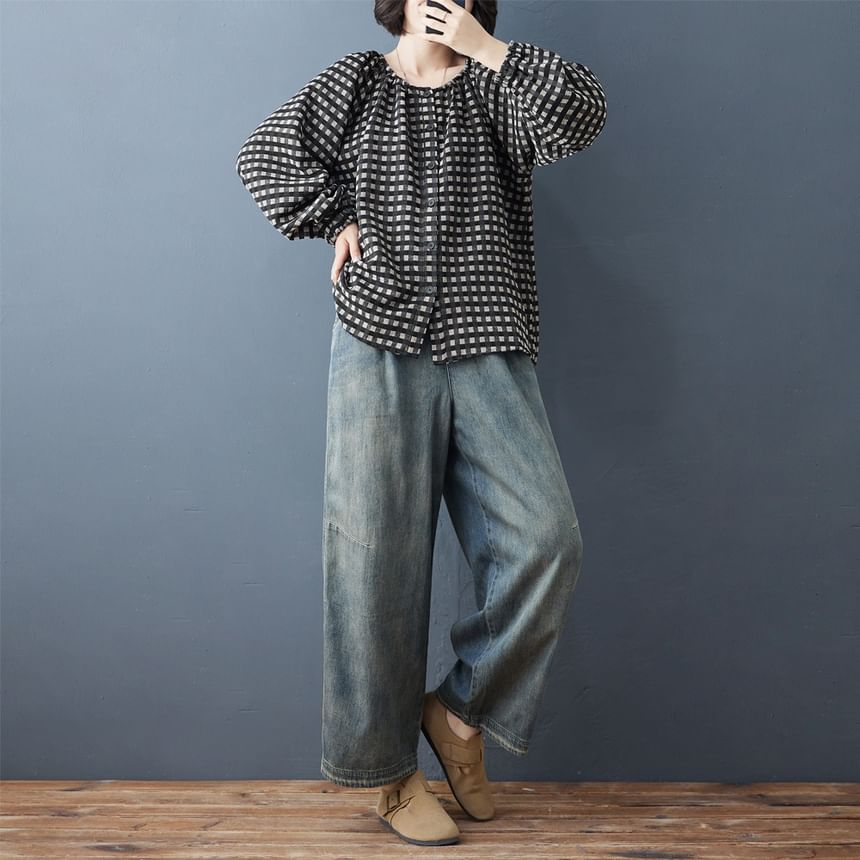 Plaid Blouse with Crew Neck and Long Sleeves