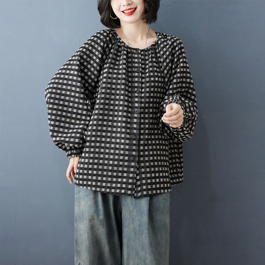 Plaid Blouse with Crew Neck and Long Sleeves