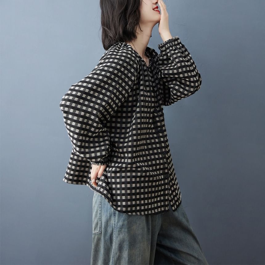 Plaid Blouse with Crew Neck and Long Sleeves