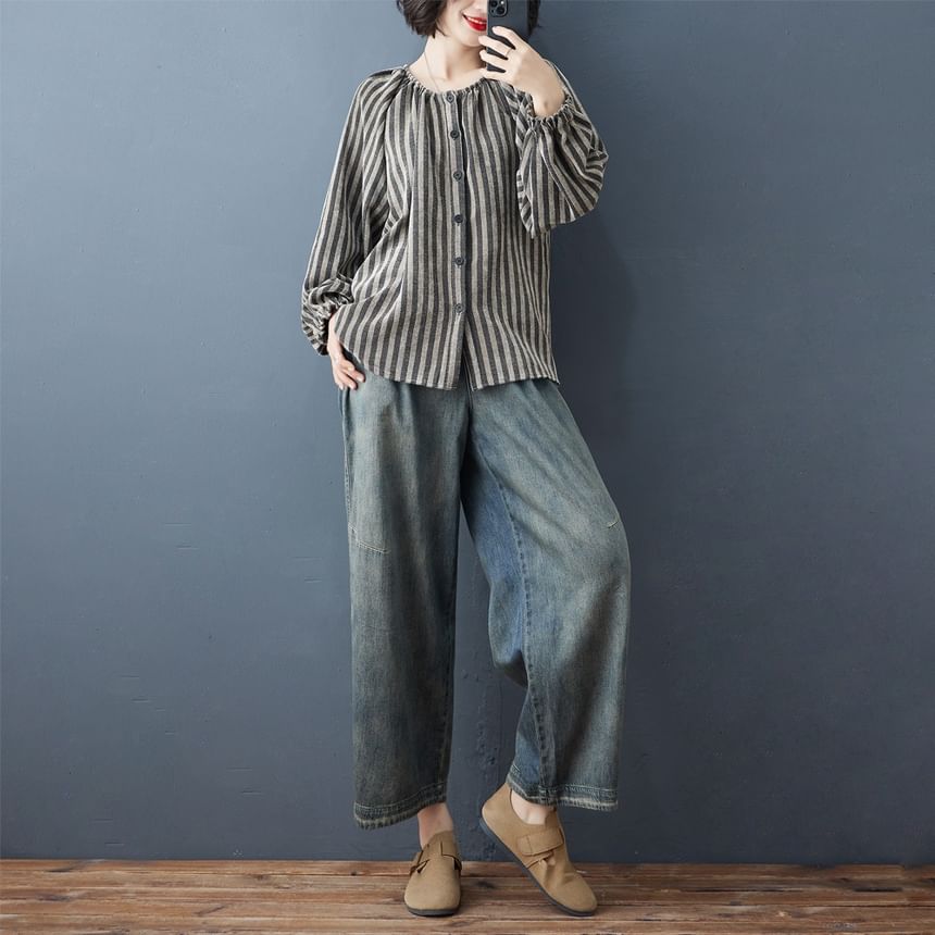 Striped Blouse with Round Neck and Long Sleeves