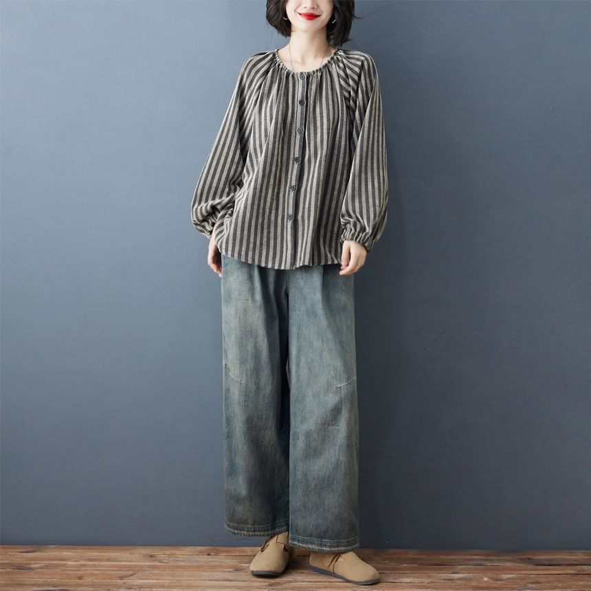 Striped Blouse with Round Neck and Long Sleeves