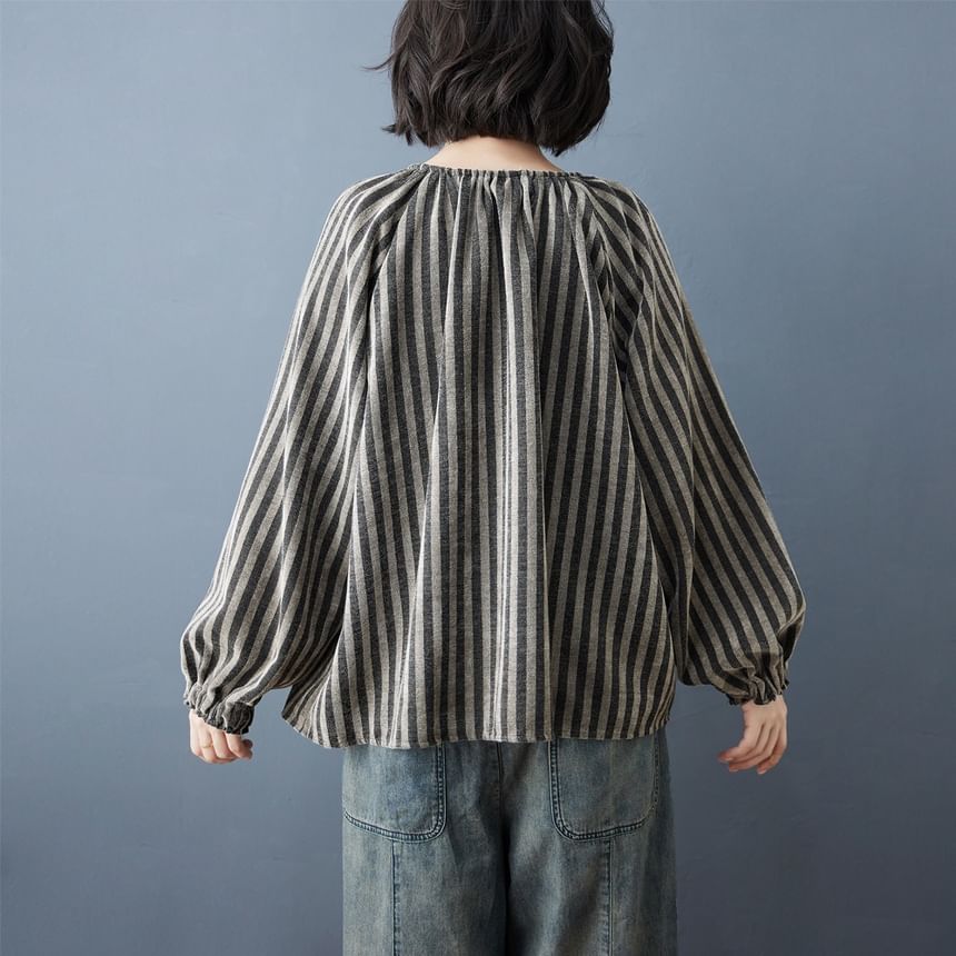Striped Blouse with Round Neck and Long Sleeves