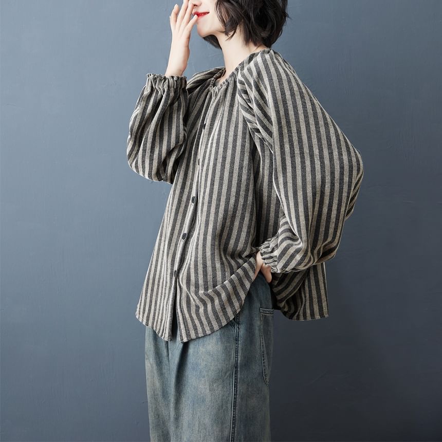 Striped Blouse with Round Neck and Long Sleeves