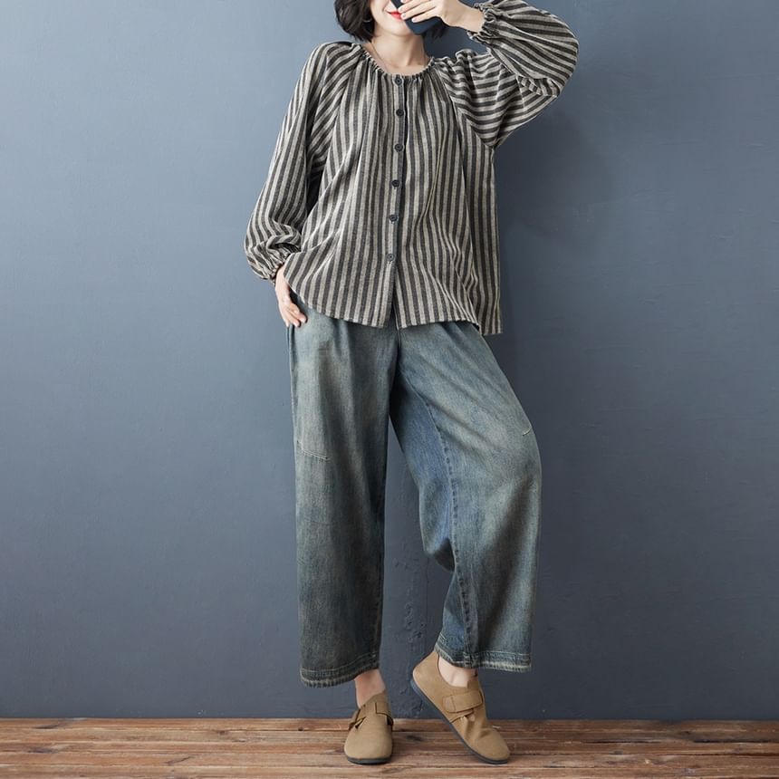 Striped Blouse with Round Neck and Long Sleeves
