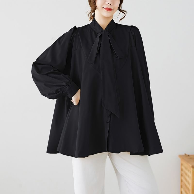 Tie-Neck Plain Blouse with Long Sleeves