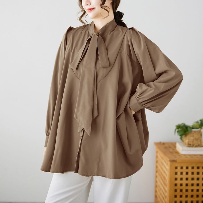 Tie-Neck Plain Blouse with Long Sleeves
