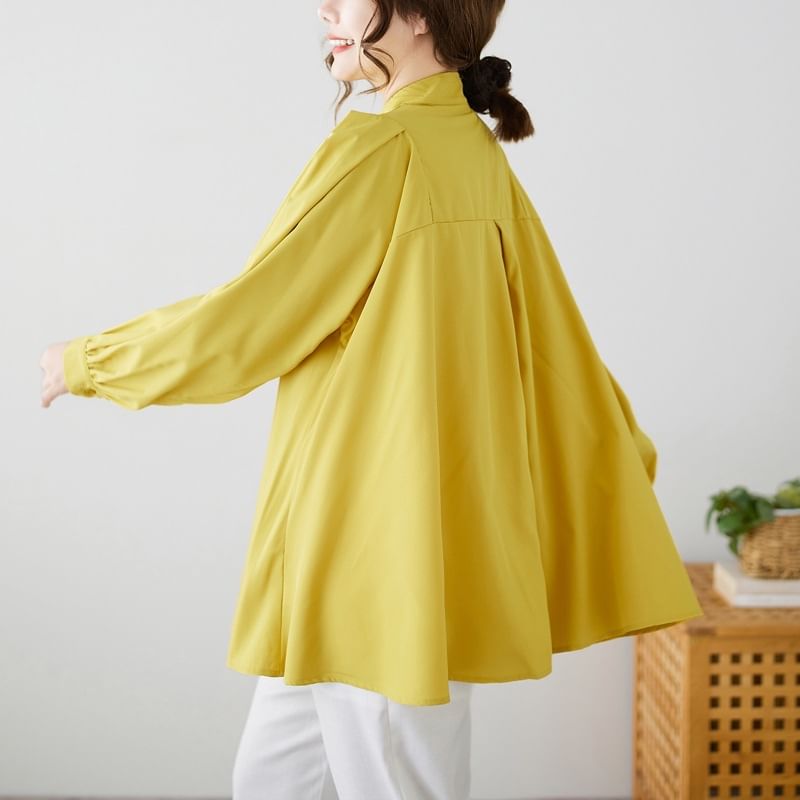Tie-Neck Plain Blouse with Long Sleeves