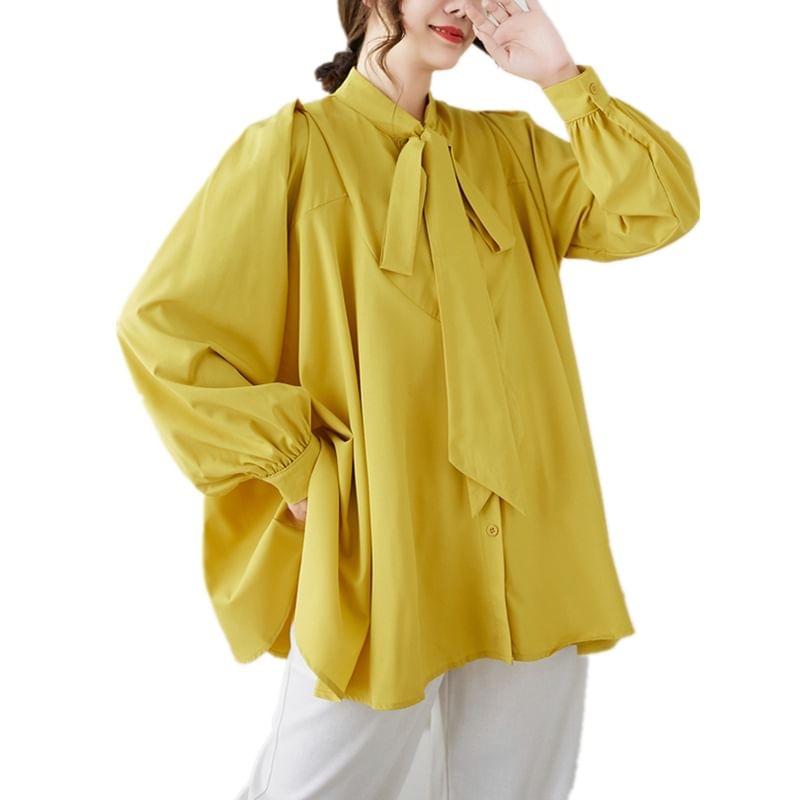 Tie-Neck Plain Blouse with Long Sleeves