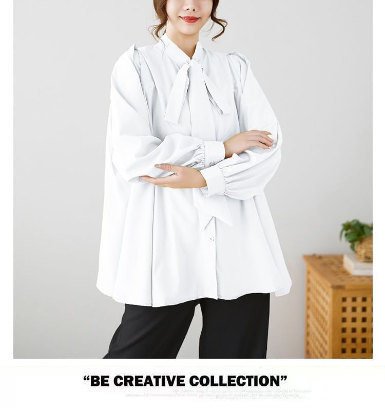 Tie-Neck Plain Blouse with Long Sleeves
