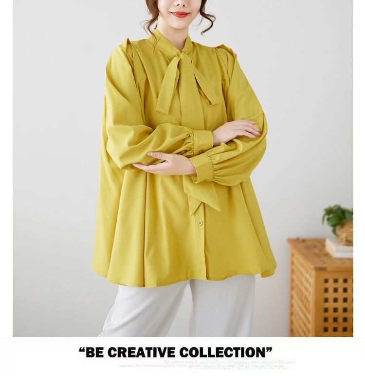 Tie-Neck Plain Blouse with Long Sleeves