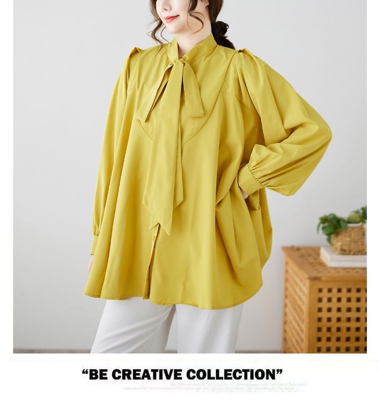 Tie-Neck Plain Blouse with Long Sleeves