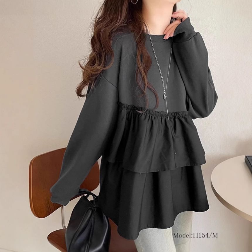 Ruffle-Trim Panel Pullover with Crew Neck