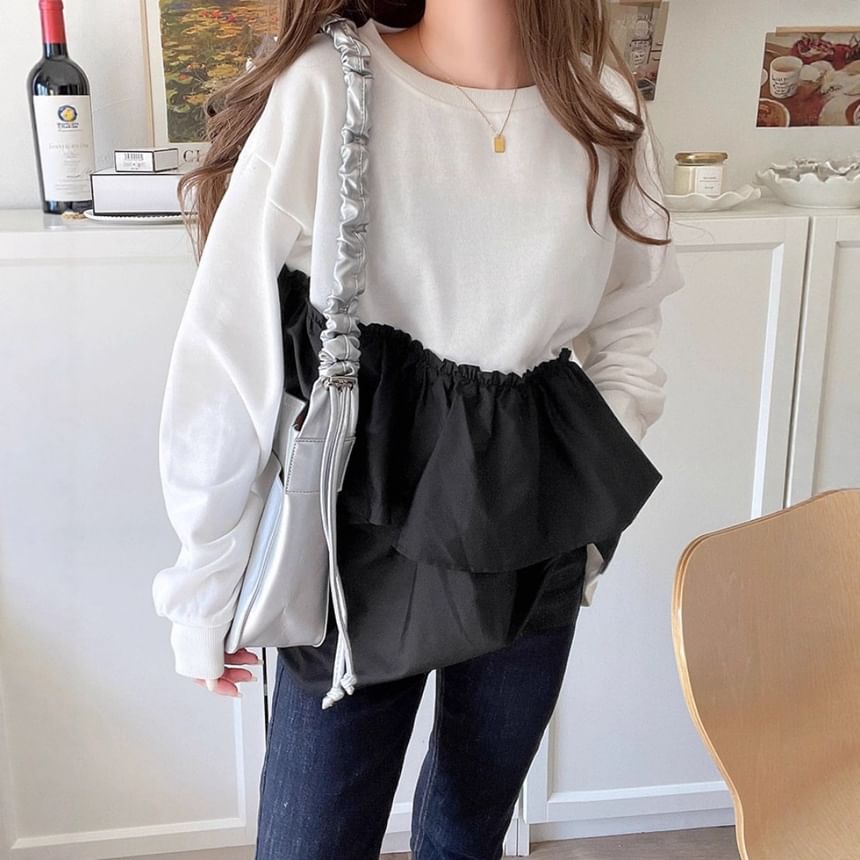 Ruffle-Trim Panel Pullover with Crew Neck